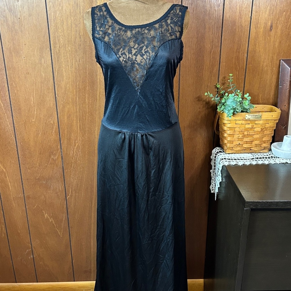 Vintage Black Lace Trim Nylon Nightgown Maxi‎ Dress Medium Vintage Nightwear